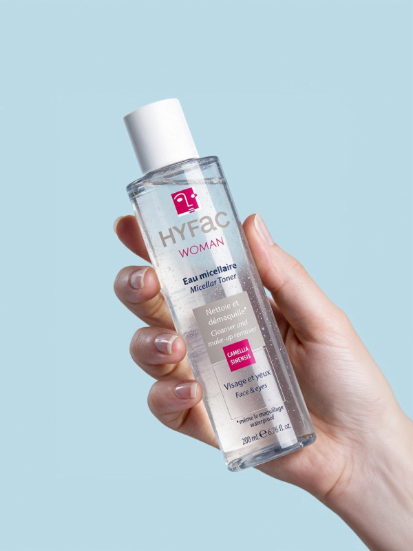 HYFAC Micellar Water cleanses and removes makeup from all skin types and all types of makeup, even waterproof formulas.